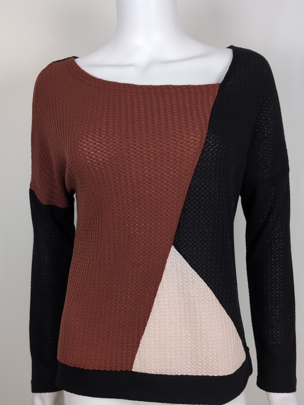 SHEIN Waffle Knit Geometric Color Block Long Sleeve Top Size Small